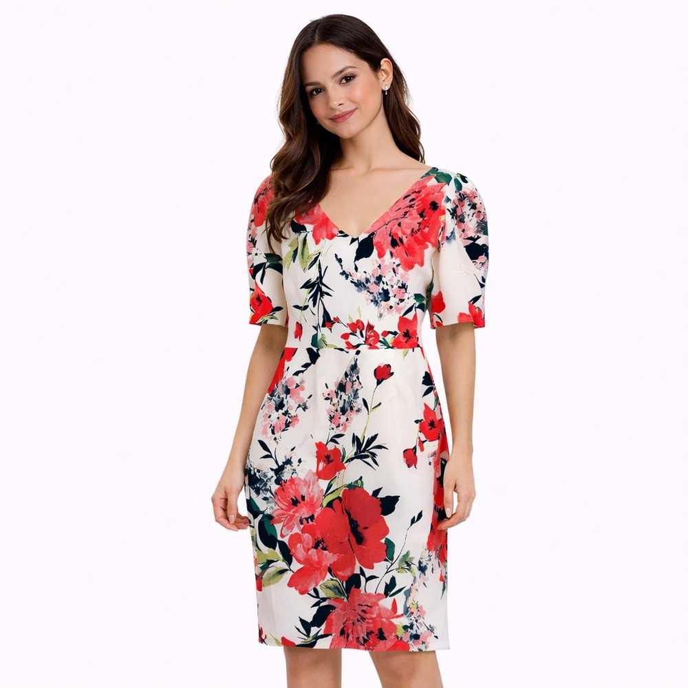 New York & Company White Floral Puff Sleeve Tulip Hem Sheath Dress XL NWT